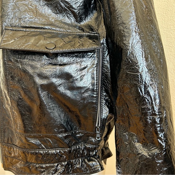 7 for all Mankind Black Crinkle Leather Jacket XS 7FAM Removable Fur Collar - Picture 5 of 11